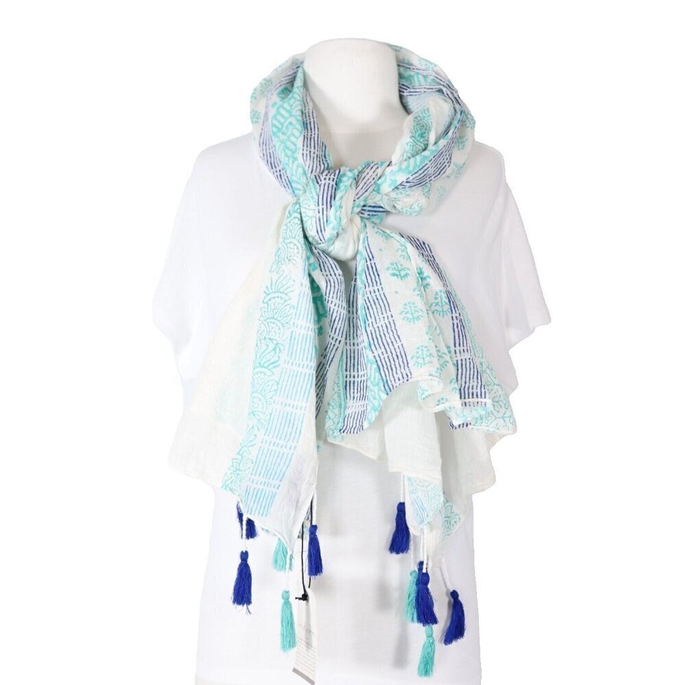 Indaba Unisex Ivory Turquoise Pom-Pom Scarf Graphic Lightweight Cotton Wrap NWT